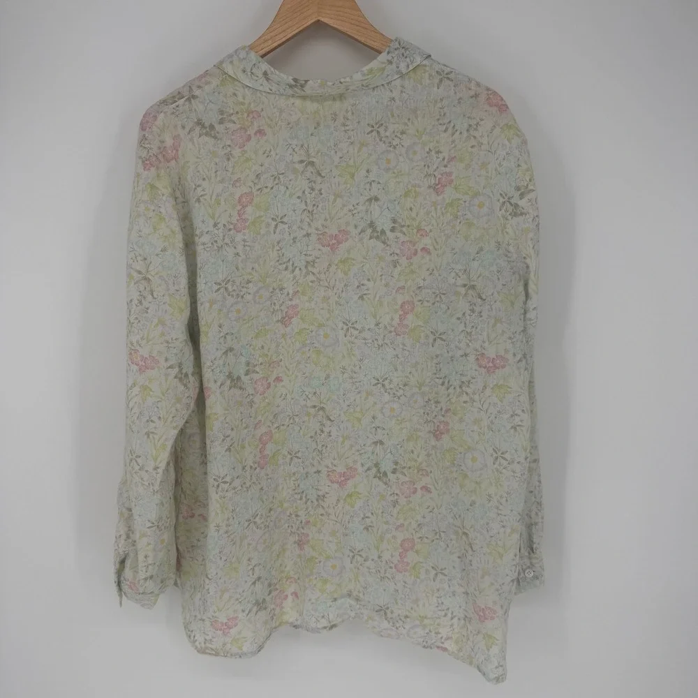 J. Jill Love Linen Floral Button Down Shirt Floral Coastal Beachy Sustainable Lg